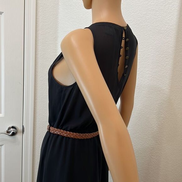 Love 21 Size Small Dress Black Embroidery Lined Brown Belt Maxi Ruffled Bottom - Picture 9 of 15